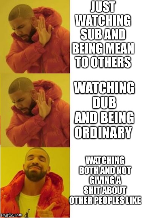 drake no no yes | JUST WATCHING SUB AND BEING MEAN TO OTHERS WATCHING DUB AND BEING ORDINARY WATCHING BOTH AND NOT GIVING A SHIT ABOUT OTHER PEOPLES LIKE | image tagged in drake no no yes | made w/ Imgflip meme maker