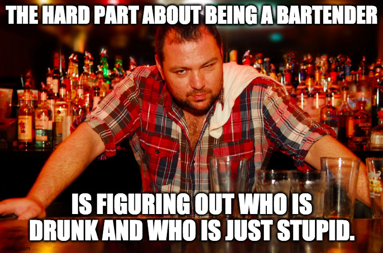 Drunk or stupid? |  THE HARD PART ABOUT BEING A BARTENDER; IS FIGURING OUT WHO IS DRUNK AND WHO IS JUST STUPID. | image tagged in annoyed bartender,drunk,bartender,stupid,stupid people,booze | made w/ Imgflip meme maker