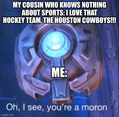 Oh, I See You're A Moron | MY COUSIN WHO KNOWS NOTHING ABOUT SPORTS: I LOVE THAT HOCKEY TEAM, THE HOUSTON COWBOYS!!! ME: | image tagged in oh i see you're a moron | made w/ Imgflip meme maker