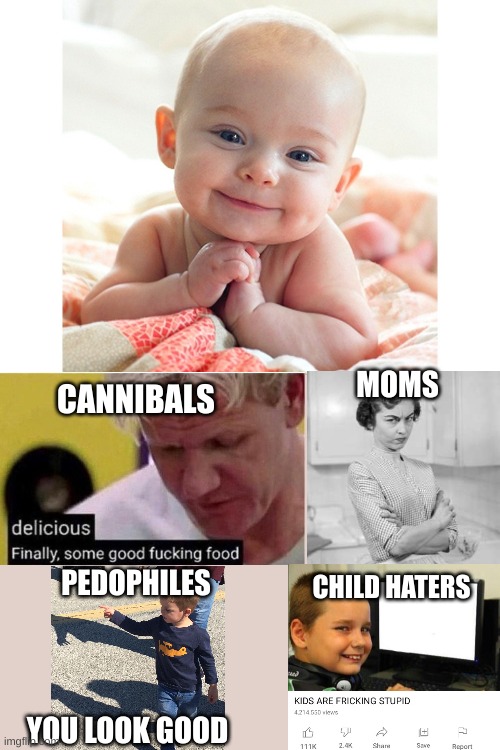 Cute Baby | MOMS; CANNIBALS; PEDOPHILES; CHILD HATERS; YOU LOOK GOOD | image tagged in cute baby | made w/ Imgflip meme maker