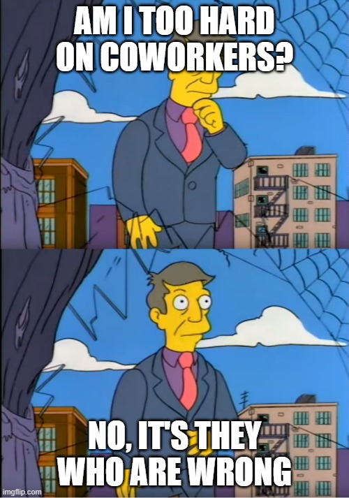 Skinner Out Of Touch | AM I TOO HARD ON COWORKERS? NO, IT'S THEY WHO ARE WRONG | image tagged in skinner out of touch | made w/ Imgflip meme maker