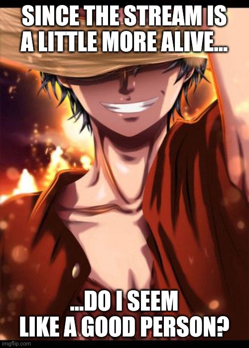 Luffy hidden smile | SINCE THE STREAM IS A LITTLE MORE ALIVE... ...DO I SEEM LIKE A GOOD PERSON? | image tagged in luffy hidden smile | made w/ Imgflip meme maker