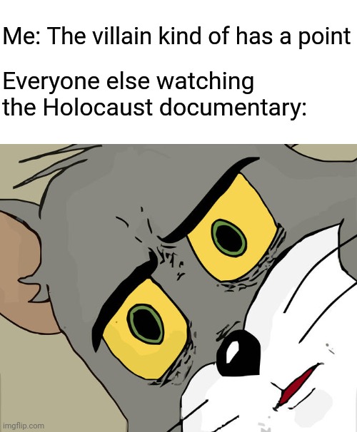 Unsettled Tom Meme | Me: The villain kind of has a point; Everyone else watching the Holocaust documentary: | image tagged in memes,unsettled tom | made w/ Imgflip meme maker