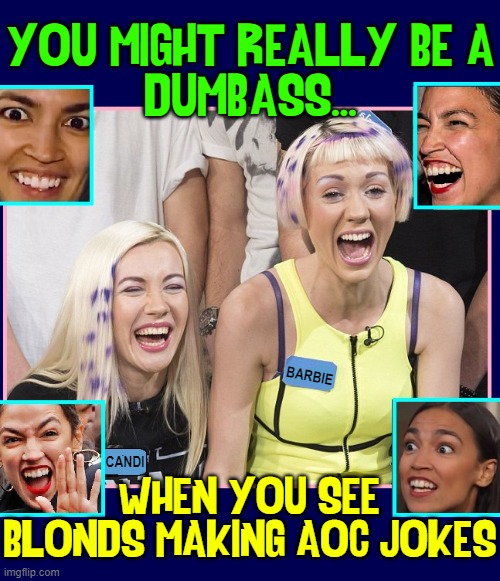 Why did AOC cross the road? To prove she wasn't chicken | YOU MIGHT REALLY BE A
DUMB-ASS... WHEN YOU SEE
BLONDS MAKING AOC JOKES BARBIE CANDI | image tagged in vince vance,blond jokes,dumb blonde,memes,aoc,alexandria ocasio-cortez | made w/ Imgflip meme maker