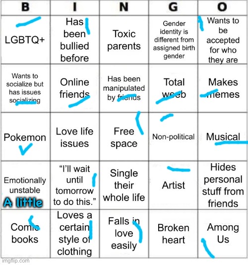 TheSuitedGayWeeb's Bingo | A little | image tagged in jer-sama's bingo | made w/ Imgflip meme maker