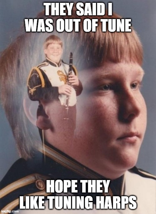 You can't tuna fish... | THEY SAID I WAS OUT OF TUNE; HOPE THEY LIKE TUNING HARPS | image tagged in memes,ptsd clarinet boy | made w/ Imgflip meme maker