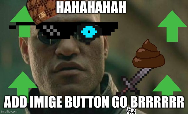 noooo you cant just add a buch of imiges | HAHAHAHAH; ADD IMAGE BUTTON GO BRRRRR | image tagged in memes,matrix morpheus | made w/ Imgflip meme maker