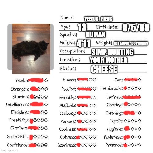 I am small | YEETUS_PIEUS; 13; 8/5/08; HUMAN; IDK ABOUT 100 POUNDS; 4'11; SIMP HUNTING; YOUR MOTHER; CHEESE | image tagged in profile card | made w/ Imgflip meme maker