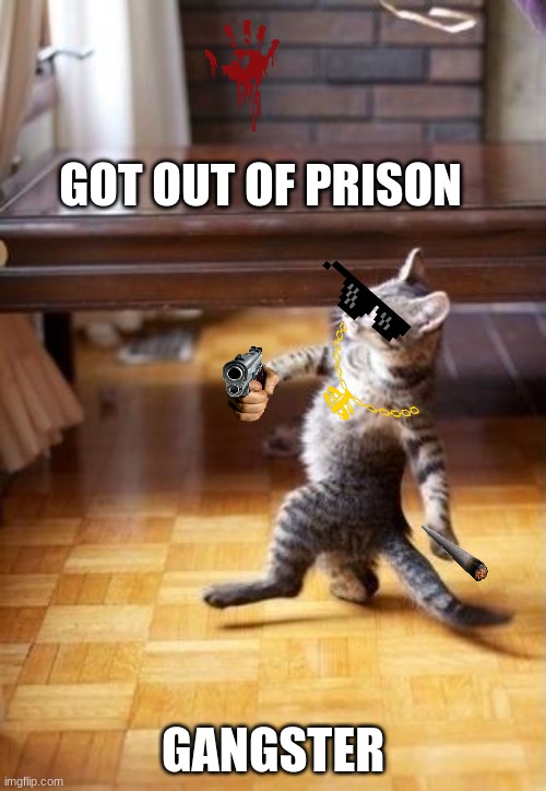 Cool Cat Stroll Meme | GOT OUT OF PRISON; GANGSTER | image tagged in memes,cool cat stroll | made w/ Imgflip meme maker