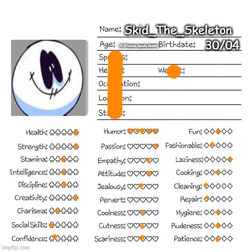 Ye | Skid_The_Skeleton; 12 (7Cannon Spooky Month); 30/04 | image tagged in profile card | made w/ Imgflip meme maker
