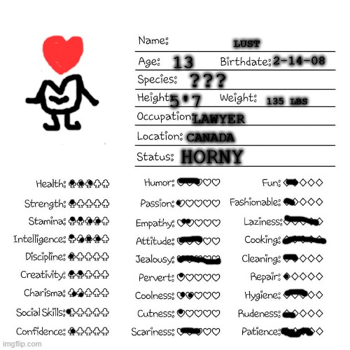 befoe it becomes a trend | LUST; 2-14-08; 13; ??? 5'7; 135 LBS; LAWYER; CANADA; HORNY | image tagged in profile card | made w/ Imgflip meme maker