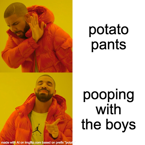 POTATO PANTS????????/ | potato pants; pooping with the boys | image tagged in memes,drake hotline bling | made w/ Imgflip meme maker