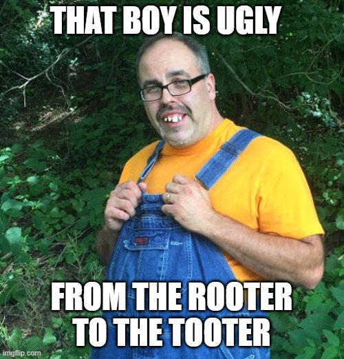 Hillbilly | THAT BOY IS UGLY FROM THE ROOTER TO THE TOOTER | image tagged in hillbilly | made w/ Imgflip meme maker