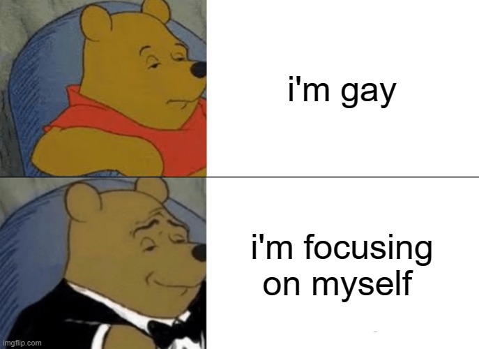Tuxedo Winnie The Pooh | i'm gay; i'm focusing on myself | image tagged in memes,tuxedo winnie the pooh | made w/ Imgflip meme maker