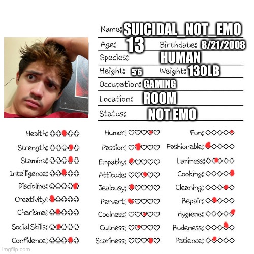 Just got out of shower | 8/21/2008; SUICIDAL_NOT_EMO; HUMAN; 13; 130LB; 5’6; GAMING; ROOM; NOT EMO | image tagged in profile card | made w/ Imgflip meme maker