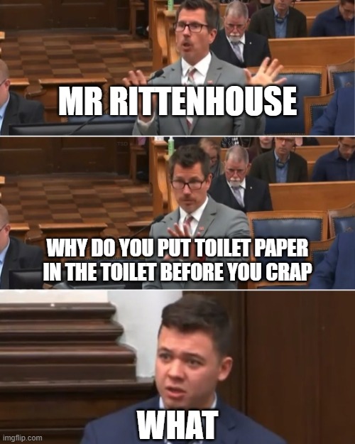 Rittenhouse vs. Binger | MR RITTENHOUSE; WHY DO YOU PUT TOILET PAPER IN THE TOILET BEFORE YOU CRAP; WHAT | image tagged in rittenhouse vs binger | made w/ Imgflip meme maker