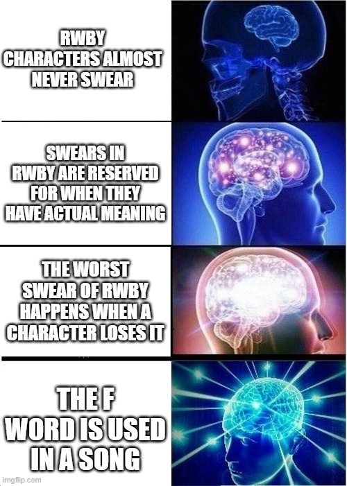 Expanding Brain Meme | RWBY CHARACTERS ALMOST NEVER SWEAR; SWEARS IN RWBY ARE RESERVED FOR WHEN THEY HAVE ACTUAL MEANING; THE WORST SWEAR OF RWBY HAPPENS WHEN A CHARACTER LOSES IT; THE F WORD IS USED IN A SONG | image tagged in memes,expanding brain | made w/ Imgflip meme maker