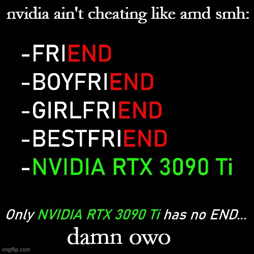 nvidia ain't cheating like amd smh:; damn owo | image tagged in uh,nvidia,niktek | made w/ Imgflip meme maker
