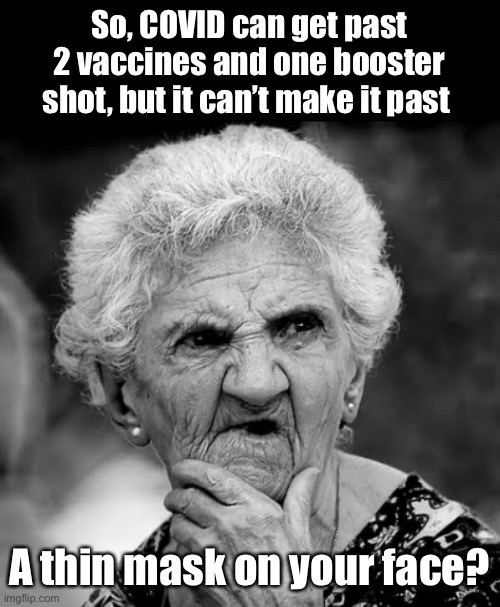 Doesn’t make sense | So, COVID can get past 2 vaccines and one booster shot, but it can’t make it past; A thin mask on your face? | image tagged in skeptical old lady | made w/ Imgflip meme maker