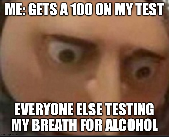gru lookes |  ME: GETS A 100 ON MY TEST; EVERYONE ELSE TESTING MY BREATH FOR ALCOHOL | image tagged in gru l | made w/ Imgflip meme maker