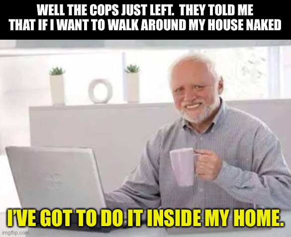 Cops | WELL THE COPS JUST LEFT.  THEY TOLD ME THAT IF I WANT TO WALK AROUND MY HOUSE NAKED; I’VE GOT TO DO IT INSIDE MY HOME. | image tagged in harold | made w/ Imgflip meme maker