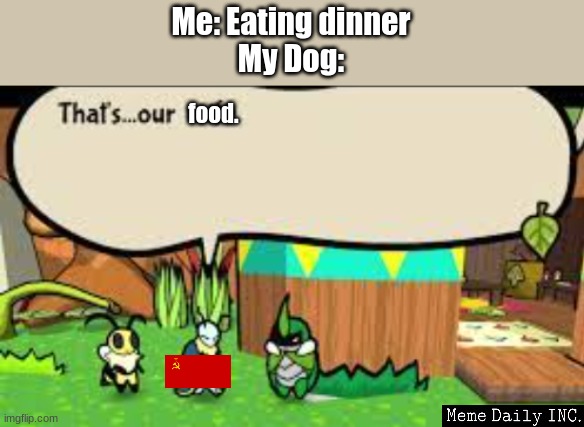 communist leif | Me: Eating dinner
My Dog:; food. | image tagged in communist leif,bug fables,communism,doggo,doggos | made w/ Imgflip meme maker
