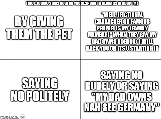 Me when adorp me meme | BY GIVING THEM THE PET; FRICK ZODIAC SIGNS HOW DO YOU RESPOND TO BEGGARS IN ADOPT ME; "WELL, (FICTIONAL CHARACTER OR FAMOUS PEOPLE) IS MY (FAMILY MEMBER)" WHEN THEY SAY MY DAD OWNS ROBLOX/ I WILL HACK YOU OR ITS U STARTING IT; SAYING NO POLITELY; SAYING NO RUDELY OR SAYING "MY DAD OWNS NAH SEE GERMANY" | image tagged in funny memes,cringe,dies from cringe | made w/ Imgflip meme maker