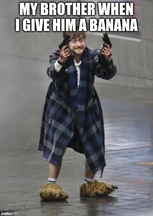 Daniel Radcliffe Guns | MY BROTHER WHEN I GIVE HIM A BANANA | image tagged in daniel radcliffe guns | made w/ Imgflip meme maker