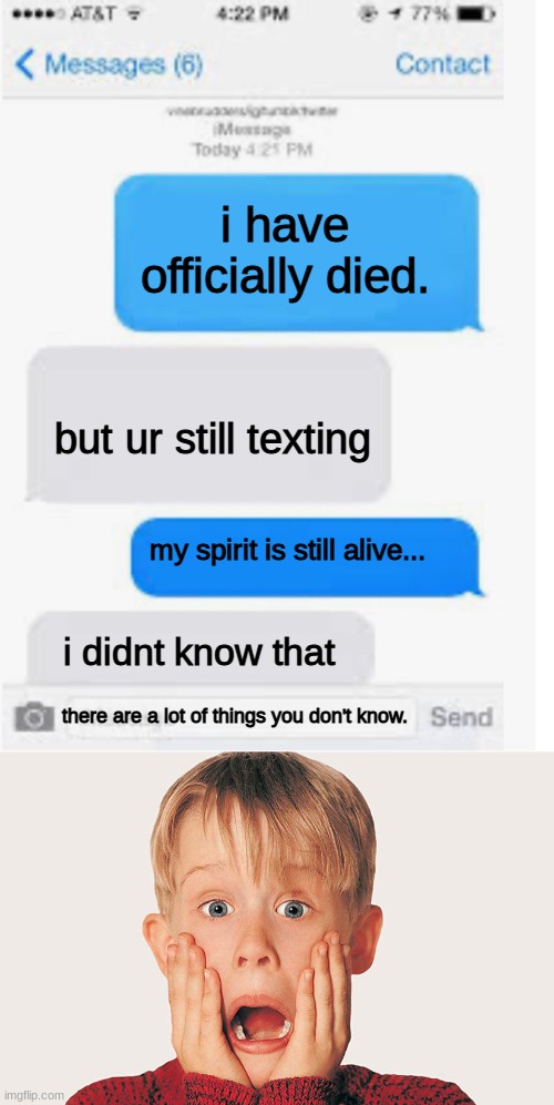 Texting | i have officially died. but ur still texting; my spirit is still alive... i didnt know that; there are a lot of things you don't know. | image tagged in blank text conversation | made w/ Imgflip meme maker