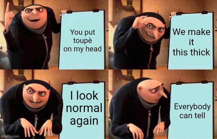 How bald people fell | You put toupè on my head; We make it this thick; I look normal again; Everybody can tell | image tagged in memes,gru's plan | made w/ Imgflip meme maker
