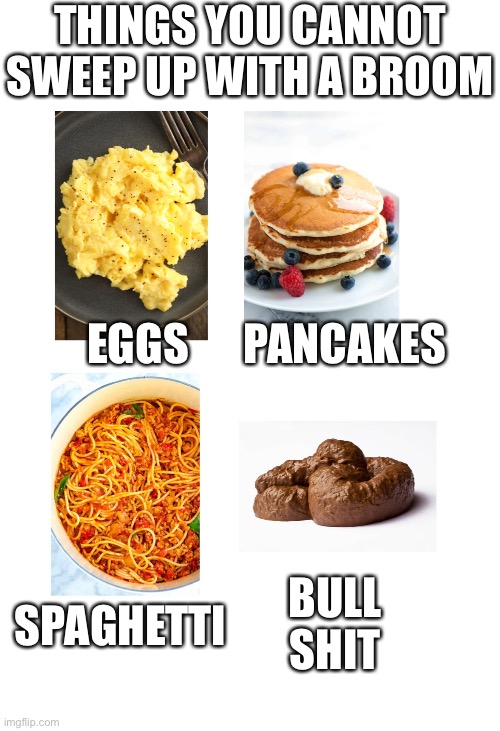Sweeping | THINGS YOU CANNOT SWEEP UP WITH A BROOM; PANCAKES; EGGS; BULL SHIT; SPAGHETTI | image tagged in poop | made w/ Imgflip meme maker
