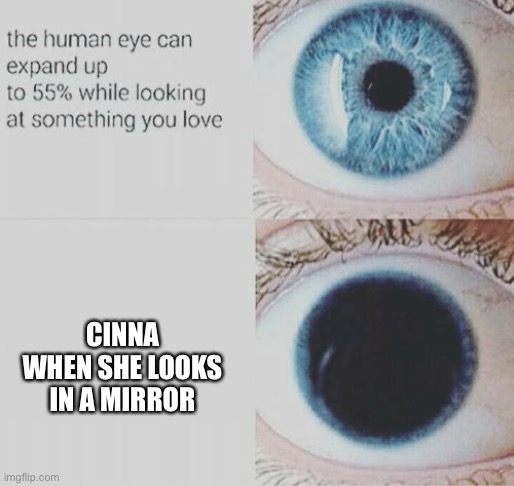 Eye pupil expand | CINNA WHEN SHE LOOKS IN A MIRROR | image tagged in eye pupil expand | made w/ Imgflip meme maker