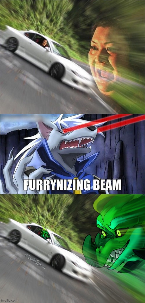 image tagged in fast car woman,furrynizing beam,scalie,memes,funny,furry | made w/ Imgflip meme maker
