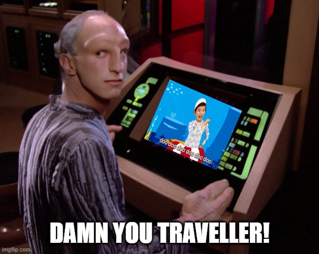 No Wonder They Got Thrown into another Universe |  DAMN YOU TRAVELLER! | image tagged in the traveler from star trek tng | made w/ Imgflip meme maker