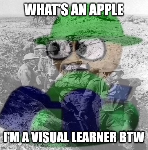 Bandu has flashbacks to his time in WW1 | WHAT'S AN APPLE; I'M A VISUAL LEARNER BTW | image tagged in bandu has flashbacks to his time in ww1 | made w/ Imgflip meme maker