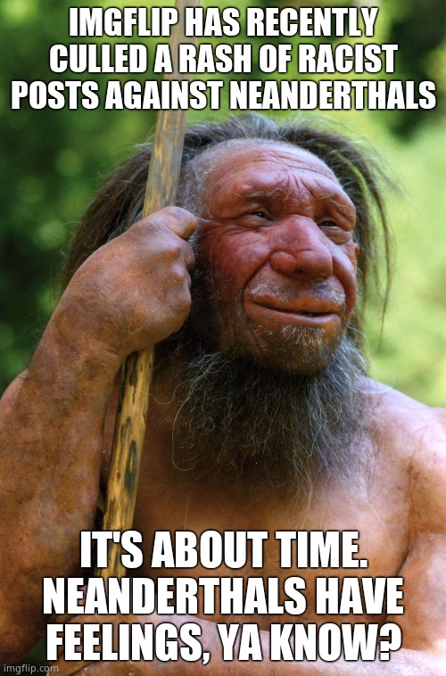 This horrid practice of being racist against neanderthals MUST. STOP. NOW. PERIOD. |  IMGFLIP HAS RECENTLY CULLED A RASH OF RACIST POSTS AGAINST NEANDERTHALS; IT'S ABOUT TIME. NEANDERTHALS HAVE FEELINGS, YA KNOW? | image tagged in neanderthal,racism,meanwhile on imgflip,racism against plants next | made w/ Imgflip meme maker