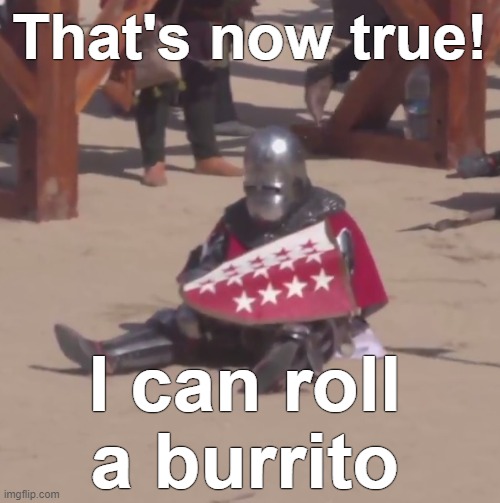 Sad crusader noises | That's now true! I can roll a burrito | image tagged in sad crusader noises | made w/ Imgflip meme maker