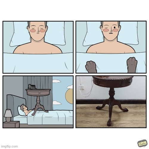 I was not expecting that | image tagged in comics/cartoons,sleeping,table,twist | made w/ Imgflip meme maker