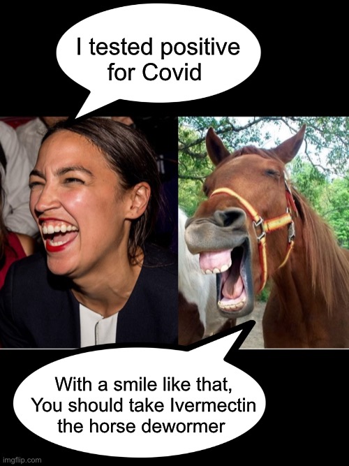 Horse Face | I tested positive
for Covid; With a smile like that,
You should take Ivermectin
the horse dewormer | image tagged in memes,alexandria ocasio-cortez,horse face,covidiots,first world problems,stay positive | made w/ Imgflip meme maker