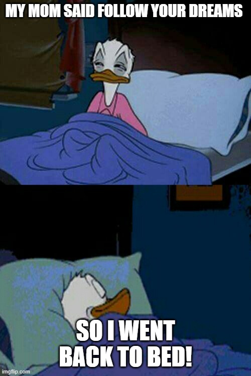 sleepy donald duck in bed | MY MOM SAID FOLLOW YOUR DREAMS; SO I WENT BACK TO BED! | image tagged in sleepy donald duck in bed | made w/ Imgflip meme maker