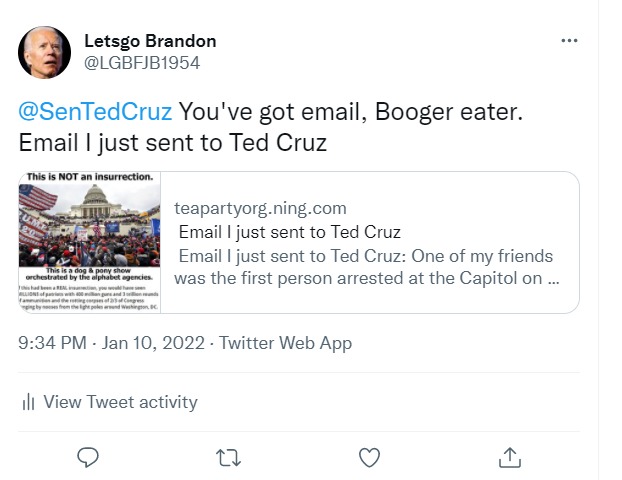 Ted Cruz tweet: You've got email, Booger eater | image tagged in youve got email,ted cruz,booger eater,boogers,insurrection,dog and pony show | made w/ Imgflip meme maker
