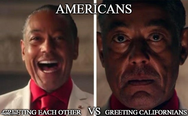 Friendly | AMERICANS; GREETING CALIFORNIANS; GREETING EACH OTHER; VS | image tagged in california,joke,funny meme,america,'merica | made w/ Imgflip meme maker