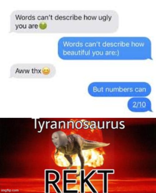 Rekt 100% | image tagged in tyrannosaurus rekt,oof,luna_the_dragon,memes,text messages,text | made w/ Imgflip meme maker