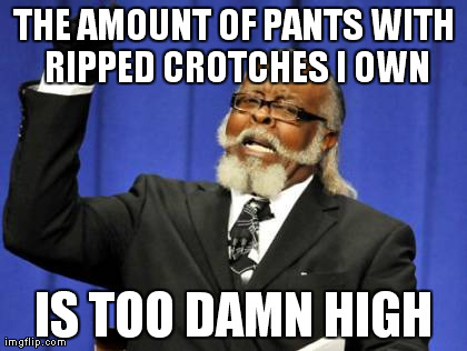Too Damn High Meme | THE AMOUNT OF PANTS WITH RIPPED CROTCHES I OWN IS TOO DAMN HIGH | image tagged in memes,too damn high | made w/ Imgflip meme maker