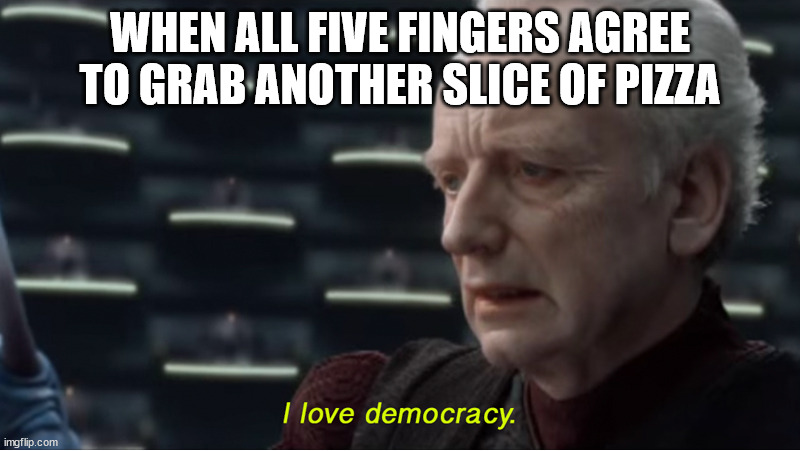 I love democracy | WHEN ALL FIVE FINGERS AGREE TO GRAB ANOTHER SLICE OF PIZZA | image tagged in i love democracy | made w/ Imgflip meme maker