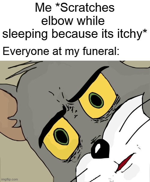 X_X | Me *Scratches elbow while 
sleeping because its itchy*; Everyone at my funeral: | image tagged in memes,unsettled tom | made w/ Imgflip meme maker