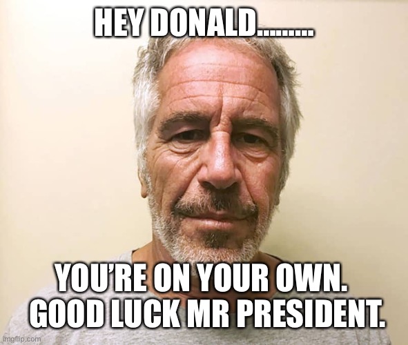 epstien | HEY DONALD………; YOU’RE ON YOUR OWN.    GOOD LUCK MR PRESIDENT. | image tagged in epstien | made w/ Imgflip meme maker