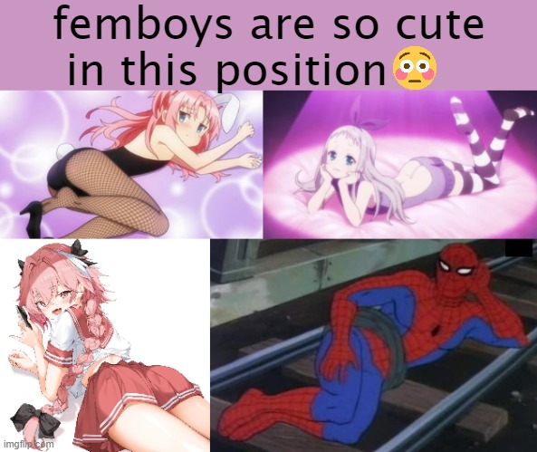 i cant control myself, aaaaaaaaaaa they r so tempting | femboys are so cute in this position | image tagged in sexy railroad spiderman,hime arikawa,hinderi,astolfo | made w/ Imgflip meme maker