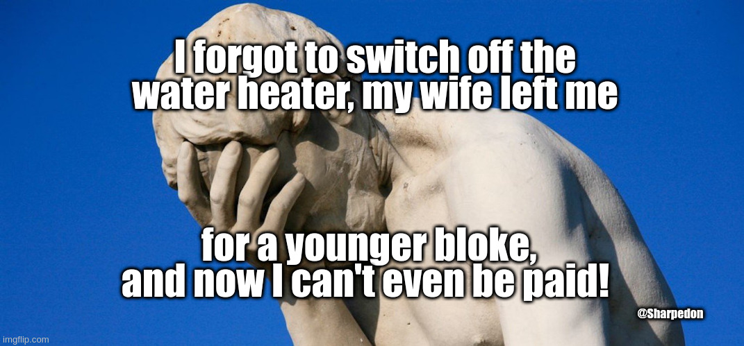 Multiple disappointments | I forgot to switch off the water heater, my wife left me; for a younger bloke, and now I can't even be paid! @Sharpedon | image tagged in disappointed,statue,wife,payment,facepalm,meme | made w/ Imgflip meme maker