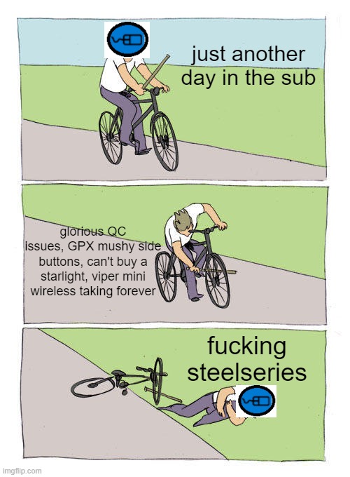 Bike Fall Meme | just another day in the sub; glorious QC issues, GPX mushy side buttons, can't buy a starlight, viper mini wireless taking forever; fucking steelseries | image tagged in memes,bike fall | made w/ Imgflip meme maker